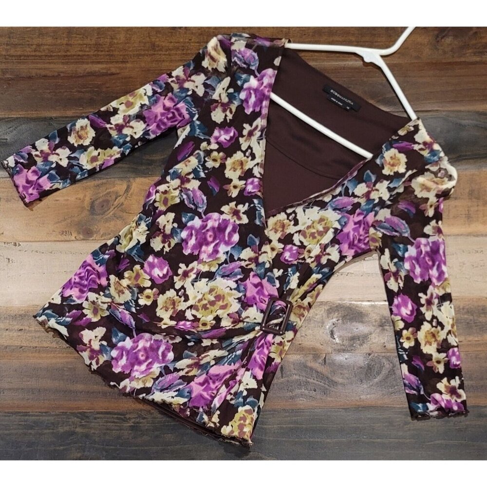 BCBGMaxazia Blouse Sheer Wrap Solid Lined 3/4 Sleeve Floral Pattern Women's XS